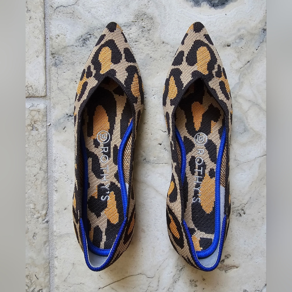 Rothy's Leopard Print Pointed Toe Flats - Brown/Gold